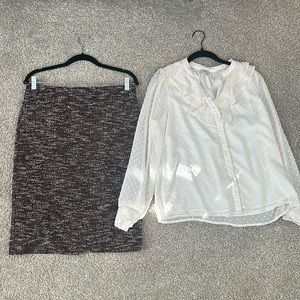 J Crew Ruffled button down Blouse Ann Taylor Pencil Skirt